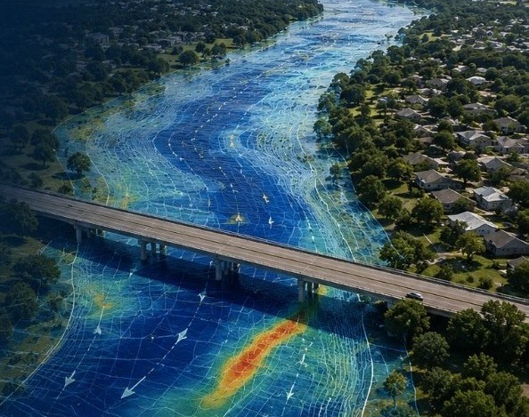 Aerial river corridor with hydraulic model overlay showing flow direction and intensity near a bridge
