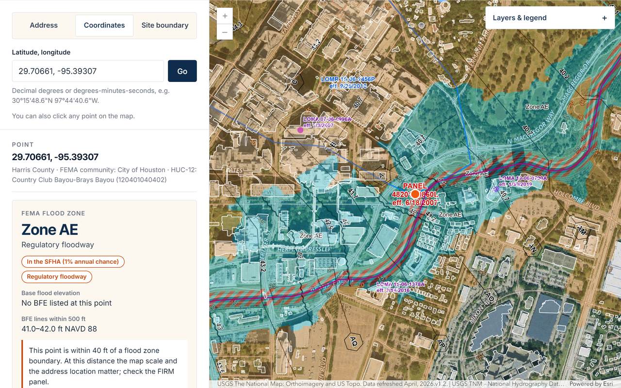 Texas Flood Screening Map results for a point on Brays Bayou in Houston: Zone AE, regulatory floodway, FIRM panel, and nearby map changes